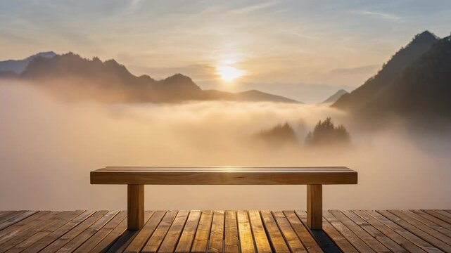 [Watch as golden light bathes a wooden bench and deck high above a sea of fog, the mountains rising dramatically in the distance, a peaceful dawn awakening.]