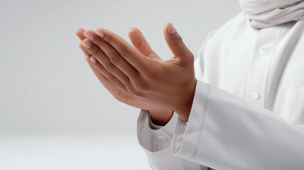 Hands raised in prayer with traditional clothing, symbolizing faith, devotion, gratitude and spiritual reflection.
