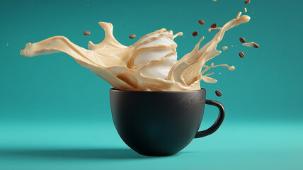Coffee splashing from a cup with flying beans representing fresh espresso energy and caf&eacute; culture.
