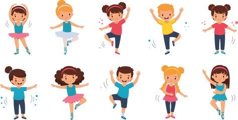 Cute Kids Dancing and Jumping Cartoon Set with Happy Children Performing Fun Dance Moves, Energy Poses, and Playful Expressions Vector Illustration © MstBobita