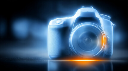 Modern digital camera with lens flare representing photography equipment and creative production.

