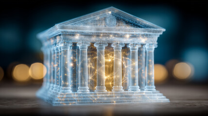 Holographic bank building in a digital interface, symbolizing fintech innovation, online banking and financial infrastructure.
