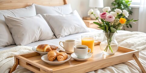 Cozy morning breakfast on a bed with fresh flowers and pastries