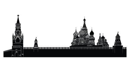 Fototapeta premium Moscow Kremlin silhouette with St. Basil's Cathedral and Spasskaya Tower against white background