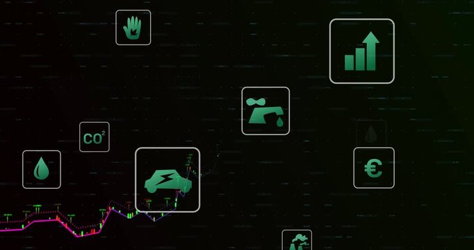 White frame appearing around EV, green line chart rising, icons shifting, showing CO2 emissions