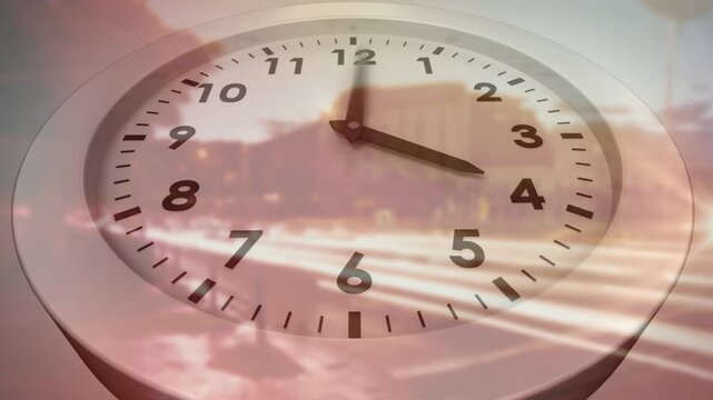 On playback start, clock hands rotating clockwise across face, skyline overlay showing time passage