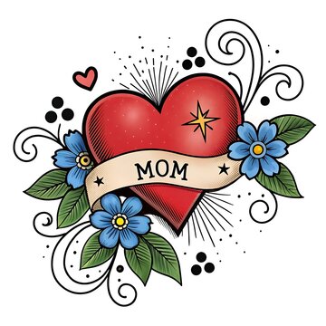 Vibrant traditional tattoo style heart with flowers and banner for mother