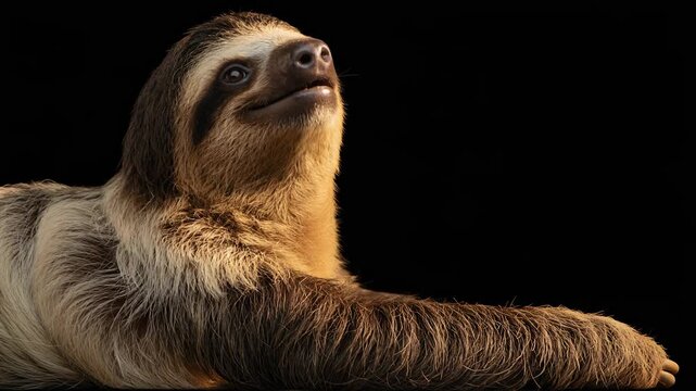 A gentle animal gazes upwards, illuminated in rich golden light, emphasizing its soft fur against the stark black backdrop, revealing the charm and personality of the tropical creature.