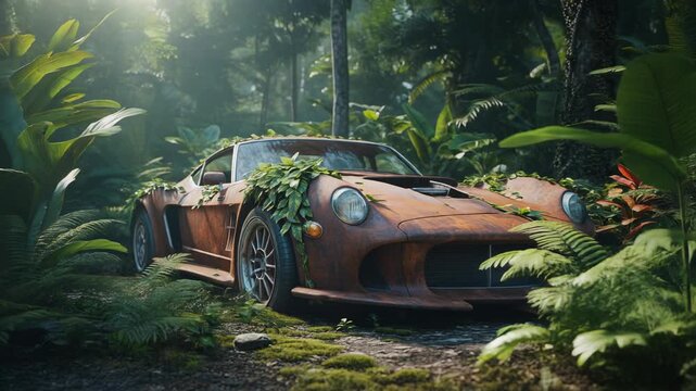 Cinematic sequence showing a rusted classic sports car overtaken by lush tropical foliage in a dense jungle. Atmospheric scene, nature reclaims technology, conveying decay and resilience.