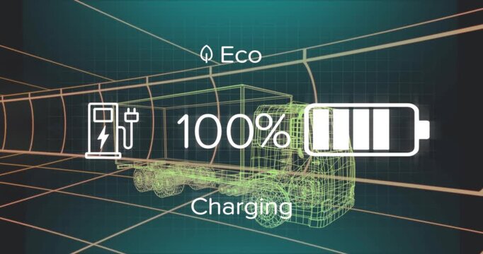 Wireframe truck HUD charging plug activating battery% rising to 100% then dropping simulating cycle