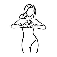Dibujo con líneas de una mujer desnuda con dos manos formando un corazón, para tarjetas y felicitaciones de San Valentín © teracreonte