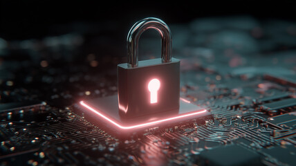 Padlock on circuit board symbolizing cybersecurity protection and data encryption.
