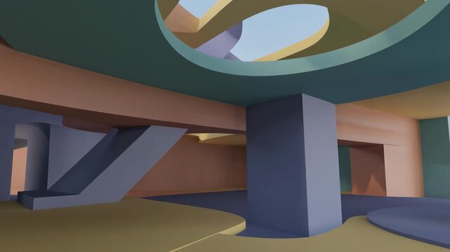 Soft light graces the surface of this architectural rendering, revealing a space defined by elegant curves and abstract shapes. Watch as the subtle illumination enhances the pastel color palette.