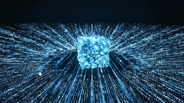 Glowing blue cube with light particles, streaks and orbs, on a dark background