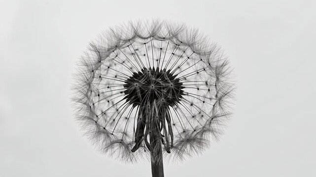 Delicate dandelion seeds drift in a soft, ethereal light, captured in monochrome. Each seed responds to an unseen breeze, creating a soothing, dreamlike ambiance.