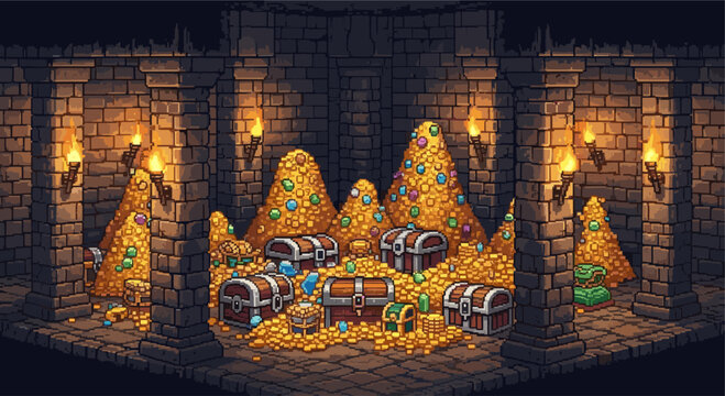 Pixel art illustration depicting a treasure room filled with gold coins, chests, and gems. Torches light the stone walls. Suitable for game design, fantasy, or pixel art projects.