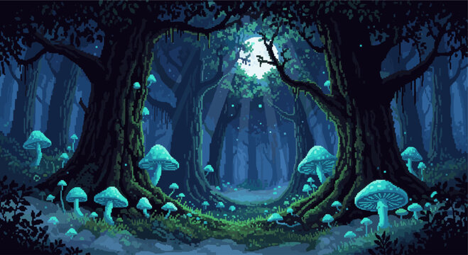 Pixelated illustration of a dark, enchanting forest at night, illuminated by moonlight and glowing mushrooms. Ideal for fantasy game design, retro graphics, and whimsical themes.