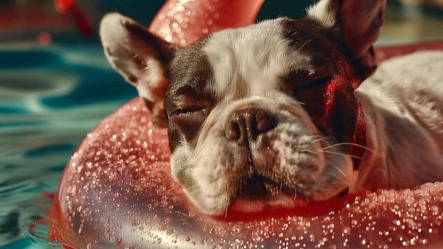 Summer relaxing dog pool background cute sleeping French bulldog sunbathing on pink float in blue water, fun pet footage for vacation, kids and social media videos