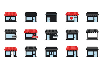 Collection of stylized storefront icons with red and black awnings