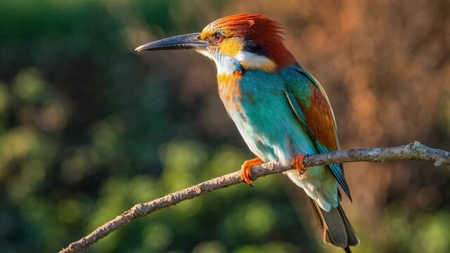 Witness the delicate dance of light on a European bee-eater as it sits gracefully on a branch, its iridescent feathers shimmering in the soft, golden hues of the setting sun.