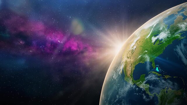 Cinematic scene revealing a sunrise over North America, viewed from space. Vivid nebula with cosmic dust complements the Earth's blue oceans and green continents.