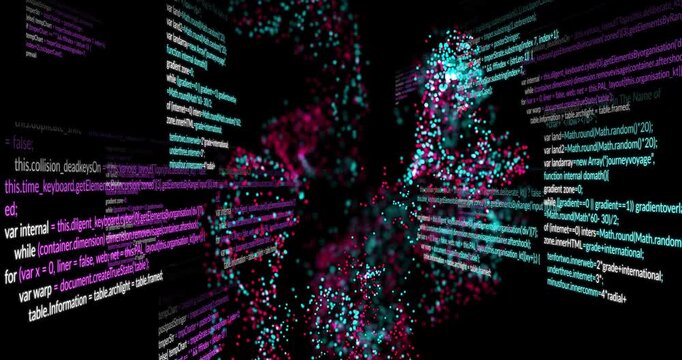Magenta cloud forming, cyan cloud joining, central cloud spiraling toward camera, showing code flow