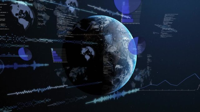 Left HUD streaks starting overlays, 3D Earth rotating while HUD charts and text displaying data