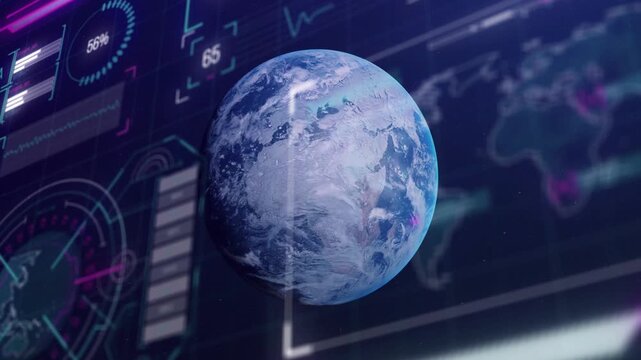 Glow initiating digital globe rotating to center while dashboard gauges updating for monitoring