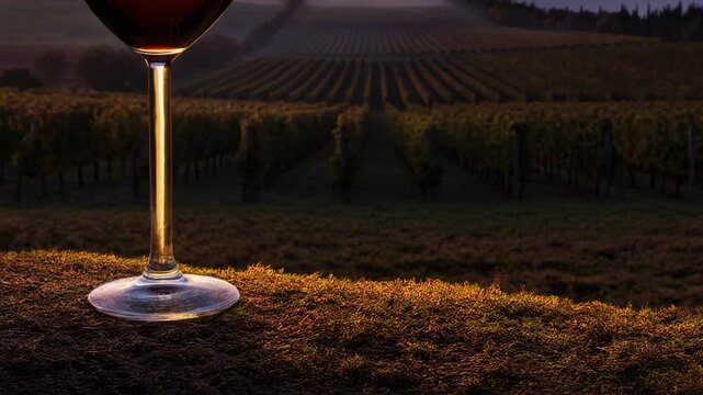 Cinematic slow zoom on a glass of red wine with a vineyard at sunrise as the backdrop. Warm light illuminates the scene, perfect for luxury and travel.