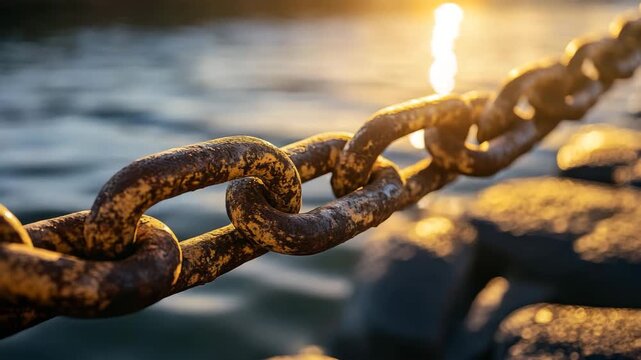 Rusty Chain on Pier at Sunset
