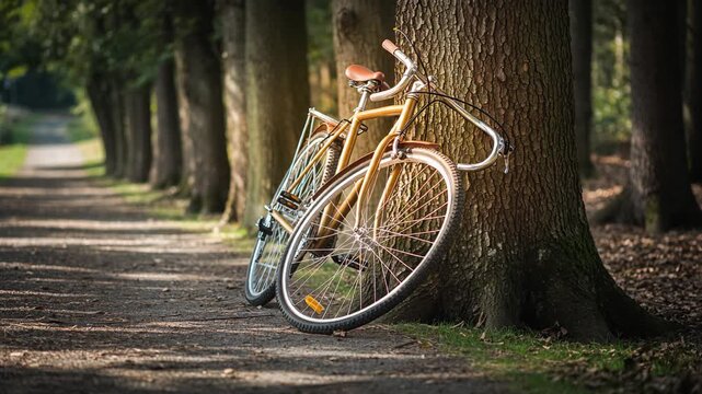 A vintage bicycle rests against rough tree bark, bathed in soft light filtering through trees. This moment conveys serenity, a love for cycling, and exploration in a natural setting.