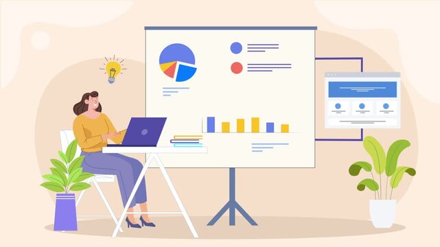 Woman Entrepreneur Presenting Business Idea and Data Analysis Animation