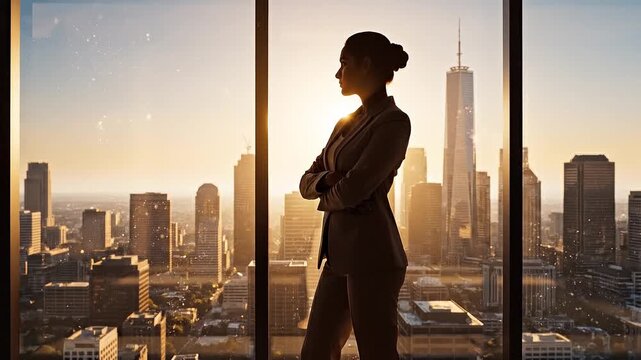 A confident businesswoman standing in front of a large window with a stunning cityscape view at sunset in a .