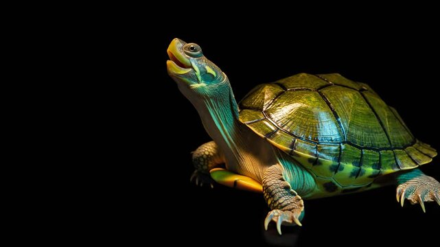 Cinematic reptile scene showcasing four turtles with glossy shells against a dark background. Perfect for educational nature, wildlife, and conservation projects.