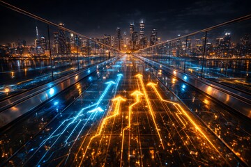 Glowing data lines and arrows ascend a futuristic bridge towards a city skyline.
