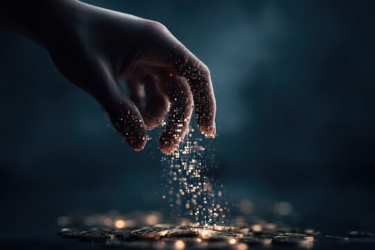 Human hand trying to hold digital coins dissolving into pixels with dark moody background and dramatic lighting, Crypto market crash bankrupt concept