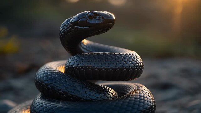 The sun dips below the horizon, casting a warm glow on a coiled black snake. Its scales gleam, adding an element of mystery and primal power to this natural scene.