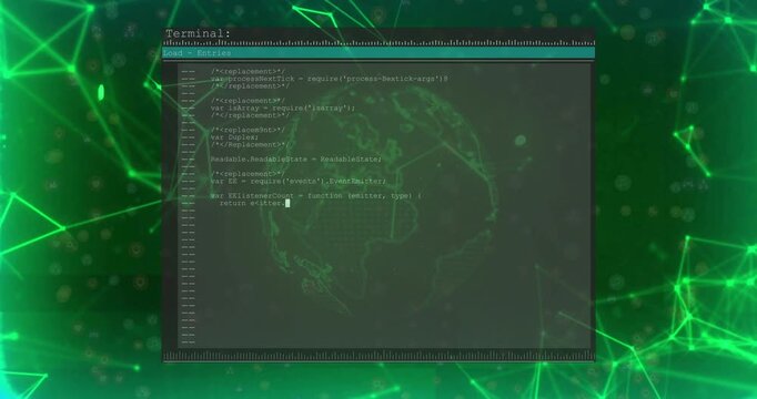 Terminal window sliding in, wireframe globe pulsing while cursor typing code, showing data flow