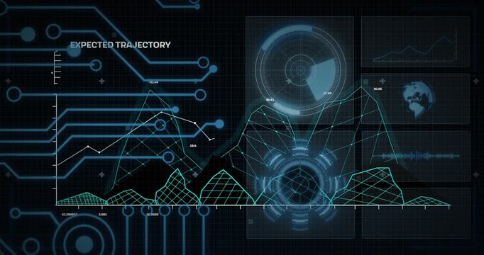 Circuit traces lighting triggers mesh rising, HUD rotating and filling, showing expected trajectory