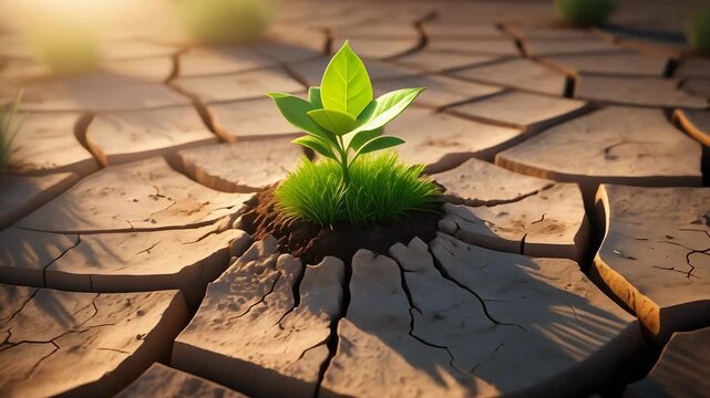 Witness a single green shoot pushing through parched soil, illuminated by golden hour light.