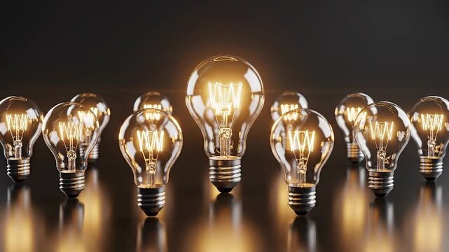 A glowing lightbulb stands out among dimly lit bulbs in a dark setting, symbolizing innovation and creativity in a about ideas.
