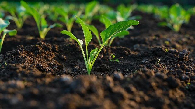Watch as the gentle light of dawn illuminates rows of delicate cabbage seedlings pushing through the dark, moist earth, signaling the promise of a bountiful harvest.