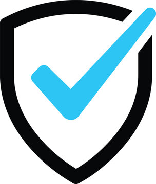 Black shield outline with bright blue check mark symbol tick security
