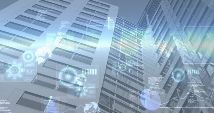 Horizontal light band starting HUD elements, high-rise towers hosting drifting data for analytics