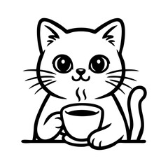 Logo cafetería. Dibujo sencillo con líneas de un gato simpático tomando una taza de café caliente © teracreonte