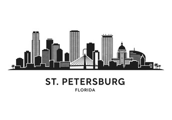 Fototapeta premium Silhouette of the St. Petersburg, Florida skyline displaying numerous buildings, a prominent bridge, and palm trees with city name.