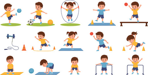 Cute Kids Sports and Physical Activities Set with Running, Jumping, Ball Games, Gymnastics, Fitness Exercises, and Playful Training Cartoon Vector Illustration © MstBobita