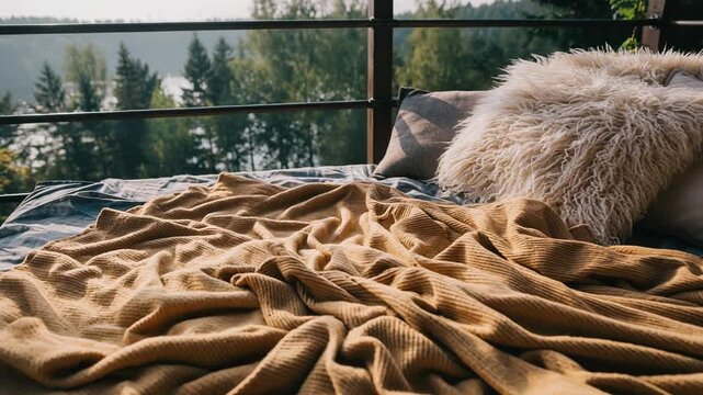 Gentle light streams across a bed set up on a rustic balcony, beckoning toward the quiet woods beyond; soft bedding and lush forest backdrop create a peaceful, cinematic scene.