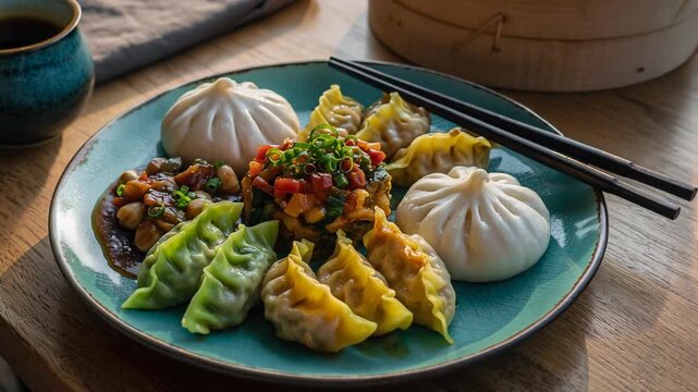 Steam rises gently from a colorful plate of assorted dumplings and flavorful toppings; chopsticks rest nearby, inviting a viewer to savor this authentic and artfully presented Asian meal.