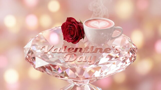 Luxury Valentine Cappuccino with Rose on Diamond Crystal Table Romantic Banner Background 